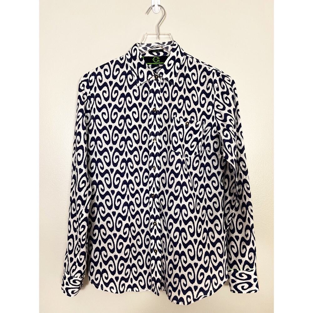 C. Wonder Navy Silk Blend Printed Long Sleeve Button Up Blouse Shirt Size Small